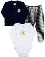 Conjunto Bebê Inverno Menina Casaco Plush Liso Calça Plush Listrado e Body Suedine Silk Margarida