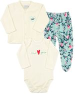 Conjunto Bebê Inverno Menina Casaco Plush Liso Calça Plush Estampado e Body Suedine Silk Coração