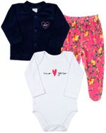 Conjunto Bebê Inverno Menina Casaco Plush Liso Calça Plush Estampado e Body Suedine Silk Coração