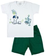 Conjunto Manga Curta Bebê Menino 10M a 3 Anos Malha e Moletinho Silk Screen e Bordado Cachorrinho