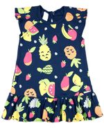 Vestido Bebê Menina Infantil Verão 10M a 3 Anos Manga Cavada Suedine Estampado Frutas