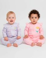 Macacao Bebe Suedine Menina Ziper Estampado e Liso Kit Macacão Suedine Algodao Bolinhas e Flor 2 Pc