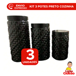 Kit 3 Potes Mantimentos Preto 1 2 e 2,5 Litros Conjunto Organizador para Cozinha