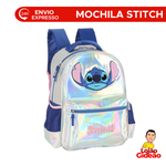 Mochila Escolar Grande Infantil Holográfica Com Alças Oficial Stitch Prata