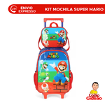 Kit Mochila de Rodinha e Costas + Lancheira Super Mario Infantil Vermelha Oficial