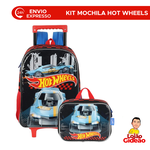 Kit Mochila de Rodinha e Costas + Lancheira Hot Wheels Infantil Preta Oficial