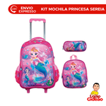 Kit Mochila de Rodinha e Costas + Lancheira + Estojo Infantil Princesa Sereia