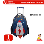 Mochila Infantil Escolar  em Poliéster 3D Foguete  Espaço c/  Rodinha - Yins Brasil