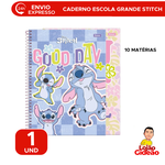 Caderno Grande 10 Matérias 160 Folhas Stitch Disney Brilhante com Adesivos - Foroni