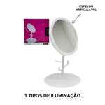 Espelho de Mesa Redondo touch com Led USB Porta Joias