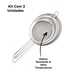 Kit Com 3 Peneira Inox 8/10/12cm Para Cozinha Drinks Confeitaria Polvilhar Peneirar Açúcar Farinha