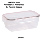 Pote Hermético Retângula Transparente Tampa Com 4 Trava 500ml