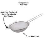 Peneira Inox Grande Malha Fina Coador Bebida Cozinha Polvilhar Açúcar Farinha Doce Coquetel 20cm x 38cm