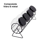 Conjunto De Porta Tempero Com 4 Potes Vidro E Suporte Preto 170ml