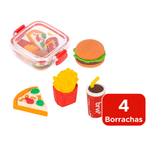 Kit Com 4 Mini Borrachas Material Escolar Realista Fast Food Comida Criativa Divertida Acompanha Marmitinha