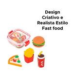 Kit Com 4 Mini Borrachas Material Escolar Realista Fast Food Comida Criativa Divertida Acompanha Marmitinha