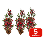 Kit 5 Galhos Pinheiro Com Pinhas Com Frutas Vermelhas Cereja Artificial Decoração Natal