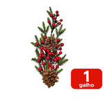 Galho Pinheiro Com Pinhas Com Frutas Vermelhas Cereja Artificial Para Decoração Natal