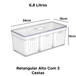 Organizador Elegante Retangular Com 3 Cestas 6,8 Tampa Cesto Multiuso Geladeira Dispensa Cozinha