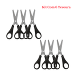 Kit 6 Tesouras Escolar Infantil Sem Ponta 13cm Cabo Preto Estojo