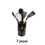 Kit 7 Peças Cozinha Utensílios Talheres De Silicone Com Cabo Madeira