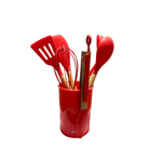Kit 7 Peças Cozinha Utensílios Talheres De Silicone Com Cabo Madeira