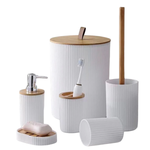Kit 6 Acessórios De Banheiro Lavabo Detalhes Madeira Madeirado Toalete Conjunto de Higiene Pessoal Prático e Funcional 