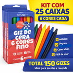 Kit 25 Giz de Cera 6 Cores Infantil Escolar 