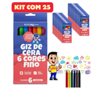 Kit 25 Giz de Cera 6 Cores Infantil Escolar 