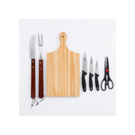 Kit Jogo de Facas 7 Peças Churrasco Gourmet com Tábua Madeira Tesoura e Garfo Aço Inox