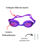 Kit Óculos Natação Antiembaçante Porta Óculos Protetor Auricular Piscina Ajustável