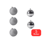 Kit 5 Bolas de Natal Prata Lisa e Glitter 8cm Árvore Natalina
