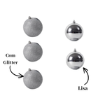 Kit 5 Bolas de Natal Prata Lisa e Glitter 8cm Árvore Natalina
