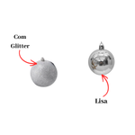 Kit 6 Bolas de Natal Prata Lisa e Glitter 7cm Árvore Natalina