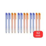 Kit 12 Canetas Borracha Retrátil Escolar Coloridas Apaga Fácil