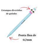 Kit 4 Canetas Gel Apagáveis Gatinho 0.7mm Azul Ponta Fina Estampas Sortidas