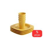 Kit 4 Pratos Quadrado Fundos + 4 Copos 300ml Plástico PP Coloridos