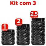 Kit 3 Potes Mantimentos Preto 1 2 e 2,5 Litros Conjunto Organizador para Cozinha