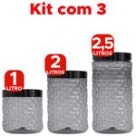Kit 3 Potes Mantimentos Preto 1 2 e 2,5 Litros Conjunto Organizador para Cozinha