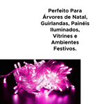 Pisca Pisca Led Rosa Para Decoração De Natal 8 Metros 127v 100 Lampadas De Fio Transparente