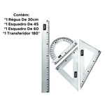 Kit Geométrico Escolar 4 Peças Réguas Transparentes Cristal Para Desenho
