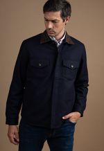 Casaco Lã Batida e Gola de Couro Masculino Azul Marinho