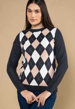 Suéter Feminino Argyle Azul Marinho e Areia Natural
