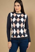 Suéter Feminino Argyle Azul Marinho e Areia Natural