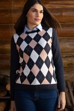 Suéter Feminino Argyle Azul Marinho e Areia Natural
