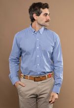 Camisa Justo Masculina Clássica Microxadrez Azul-Claro