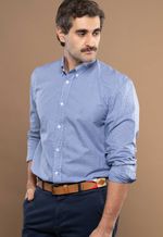 Camisa Justo Masculina Custom Microxadrez Azul-Claro