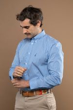 Camisa Justo Masculina Custom Listrada Azul-Médio