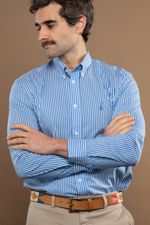 Camisa Justo Masculina Custom Listrada Azul-Médio