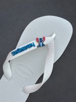 Havaianas Top Branca + Escrita Azul + Stitch Azul Orelha Rosa